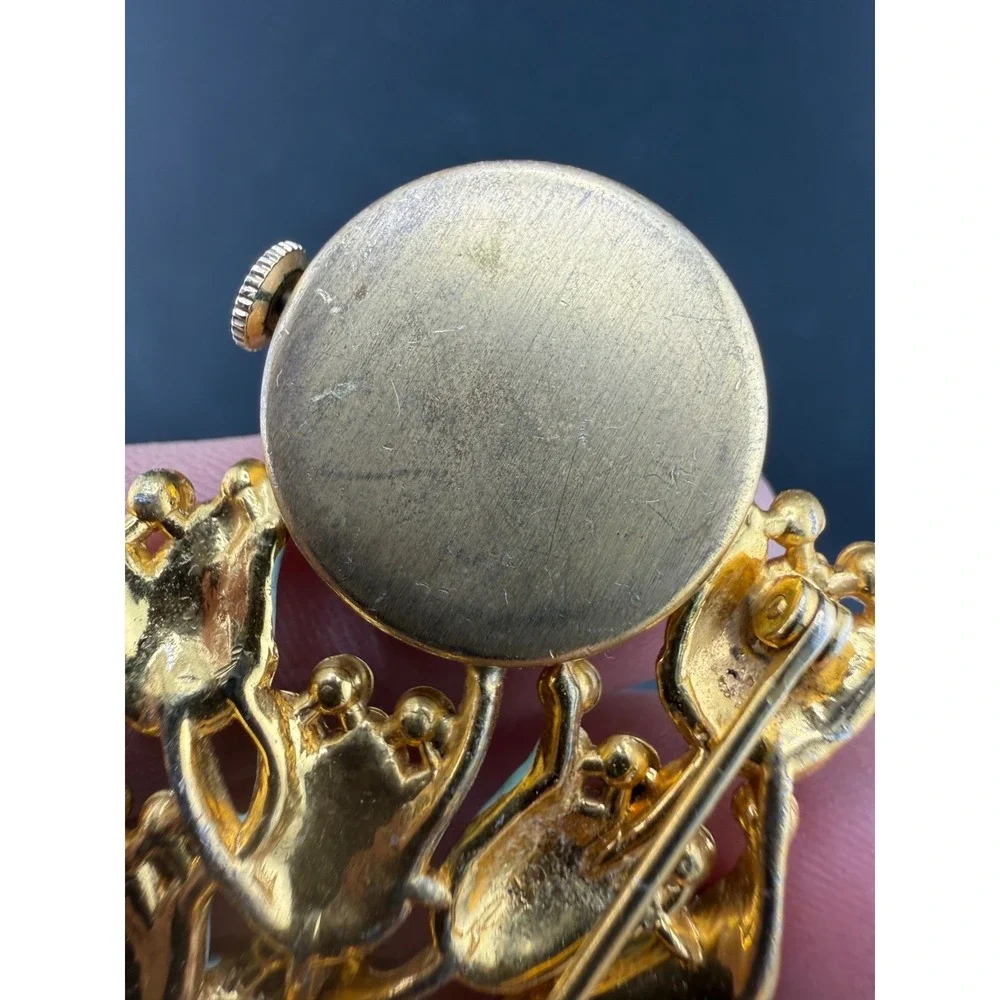Vintage‎ Welsbro Watch Brooch Tulips Pot Metal Rhinestone NICE Untested